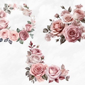 May include: A watercolor illustration of three arrangements of pink roses with green leaves. The roses are in various shades of pink and have a vintage aesthetic.