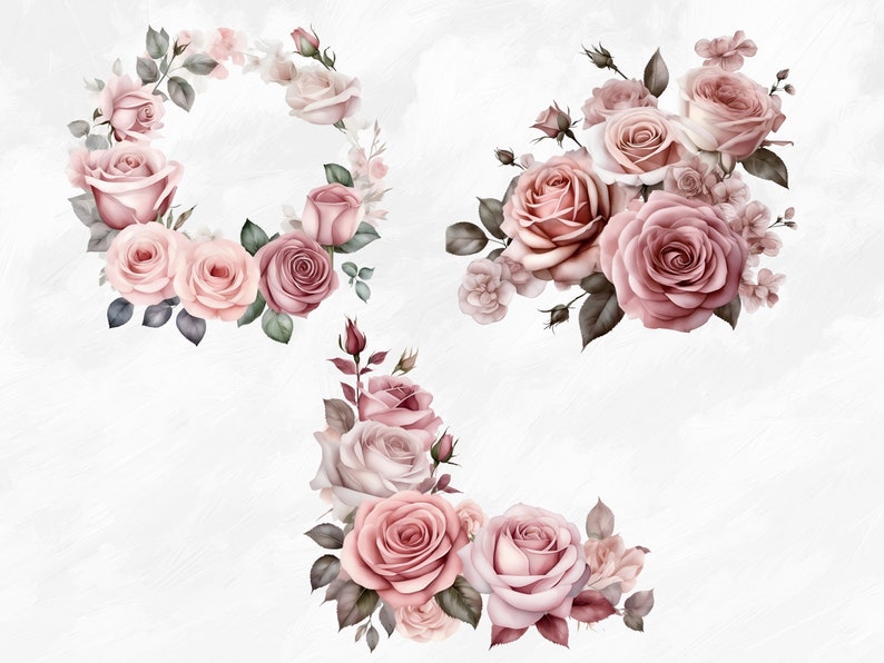 May include: A watercolor illustration of three arrangements of pink roses with green leaves. The roses are in various shades of pink and have a vintage aesthetic.