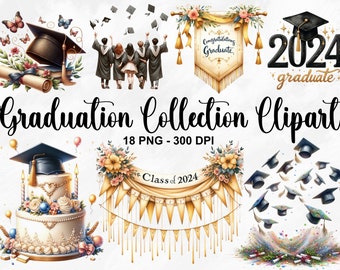 May include: A collection of 18 graduation clipart images in PNG format, featuring a graduation cap, a cake with a graduation cap, a banner with the text "Class of 2024", a banner with the text "Congratulations Graduate", a group of students in graduation gowns, and a graduation cap with the text "2024 graduate".