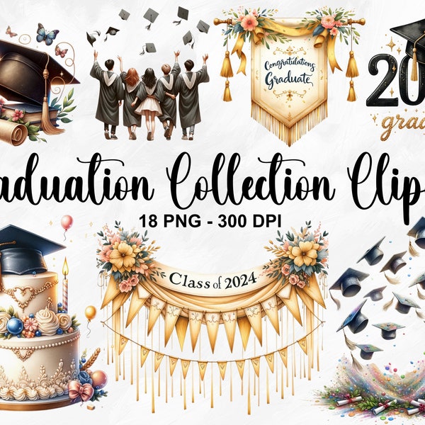 Watercolor Graduation Collection Clipart, 18 PNG Grad Floral Clipart, Graduation Caps Clipart, Diploma Clipart, Commercial Use