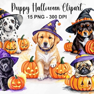 Watercolor Puppy Halloween Clipart, 15 PNG Halloween Puppy Clipart, Witch Puppy Png, Halloween Clipart, Halloween Puppies, Commercial Use