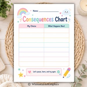 May include: A printable consequences chart featuring a rainbow, a smiling cloud, and stars. The document includes a name line, a table with columns labeled My Choice and What Happens Next, and a bottom box with the text Let's pause, learn, and try again.
