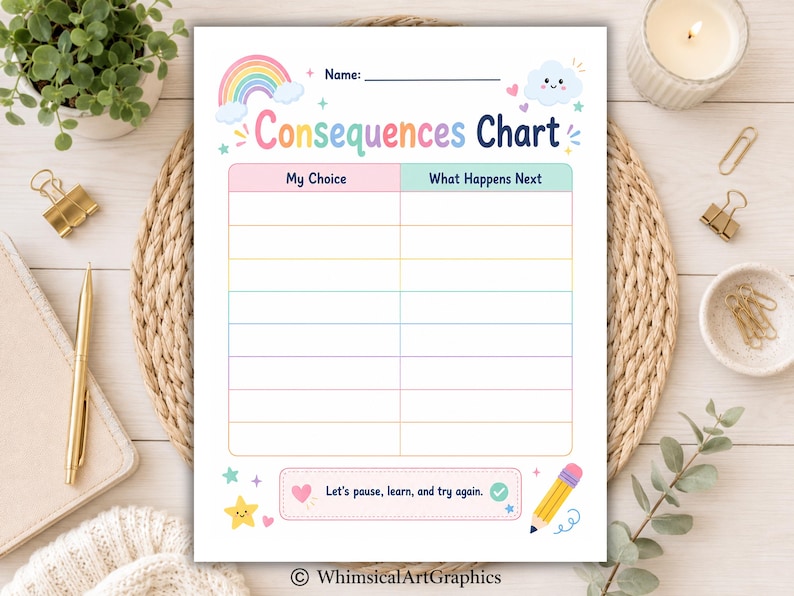 May include: A printable consequences chart featuring a rainbow, a smiling cloud, and stars. The document includes a name line, a table with columns labeled My Choice and What Happens Next, and a bottom box with the text Let's pause, learn, and try again.