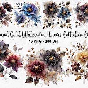 16 PNG, Dark and Gold Watercolor Flowers Clipart Bundle, Dark Flowers Clipart, Black Flower Clip Art, Dark Floral Clipart, Commercial Use