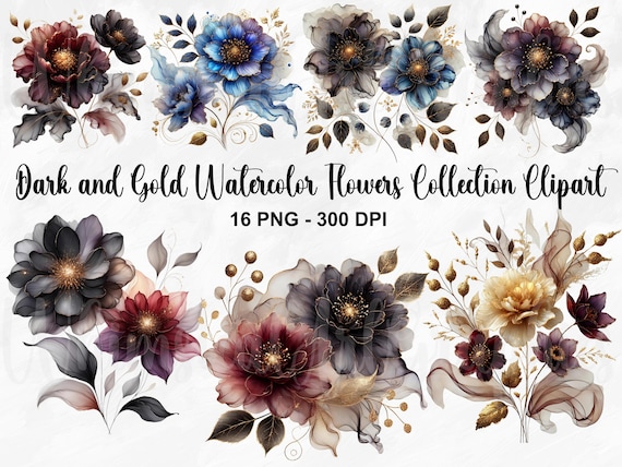 16 PNG, Dark and Gold Watercolor Flowers Clipart Bundle, Dark Flowers Clipart, Black Flower Clip Art, Dark Floral Clipart, Commercial Use