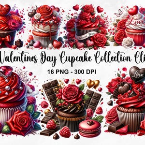 Red Valentines Day Cupcake Collection Clipart, 16 PNG Valentine Clipart, Valentines Graphics, Valentines Cupcake PNG Bundle, Commercial Use