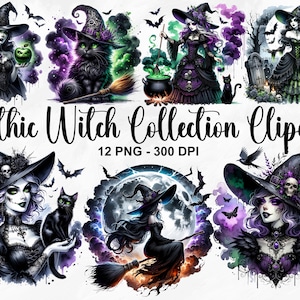 Aquarelle sorcière gothique Collection des cliparts, 12 PNG Halloween clipart, clipart sorcière gothique, sorcière Halloween Clipart PNG, usage Commercial