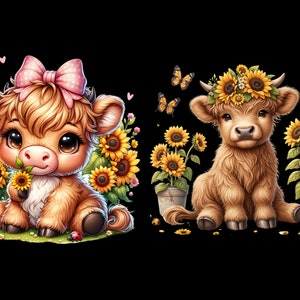 Watercolor Sunflower Highland Cows Collection Clipart, 9 PNG Spring Flowers Clipart, Baby Animal, Baby Cow Clipart Bundle, Commercial Use image 3