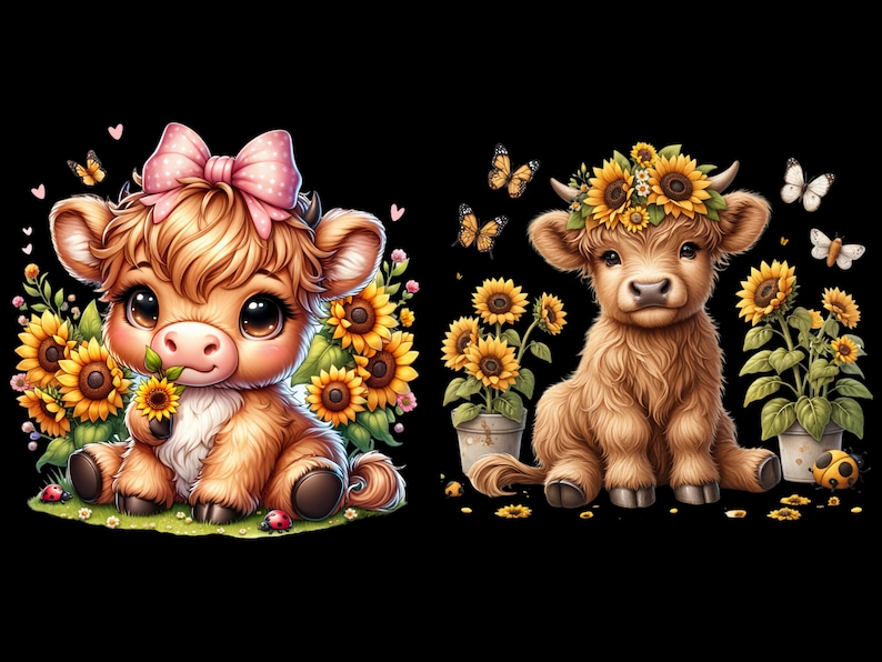 Watercolor Sunflower Highland Cows Collection Clipart, 9 PNG Spring Flowers Clipart, Baby Animal, Baby Cow Clipart Bundle, Commercial Use image 3