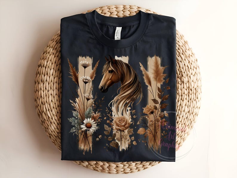 May include: A dark blue t-shirt with a graphic print of a brown horse's head with a flowing mane, surrounded by dried flowers and grasses. The design is in shades of brown, beige, and white.