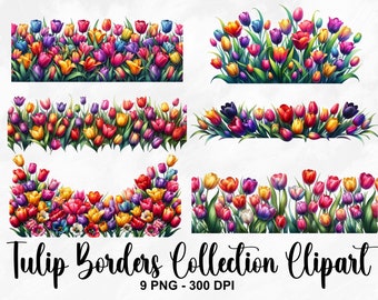 Watercolor Tulip Borders Collection Clipart, 9 PNG Flowers Clipart, Floral Clipart, Spring Clipart, Tulip Clipart, Tulip PNG, Commercial Use