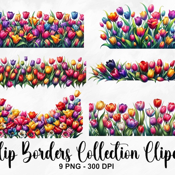 Watercolor Tulip Borders Collection Clipart, 9 PNG Flowers Clipart, Floral Clipart, Spring Clipart, Tulip Clipart, Tulip PNG, Commercial Use