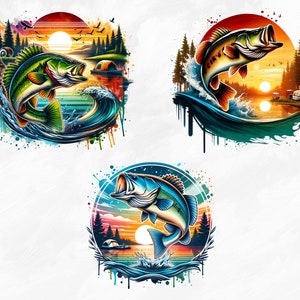May include: Three watercolor illustrations of a bass fish jumping out of the water. Each illustration features a sunset, trees, and a campsite. The fish are depicted in vibrant colors, with splashes of paint around them.