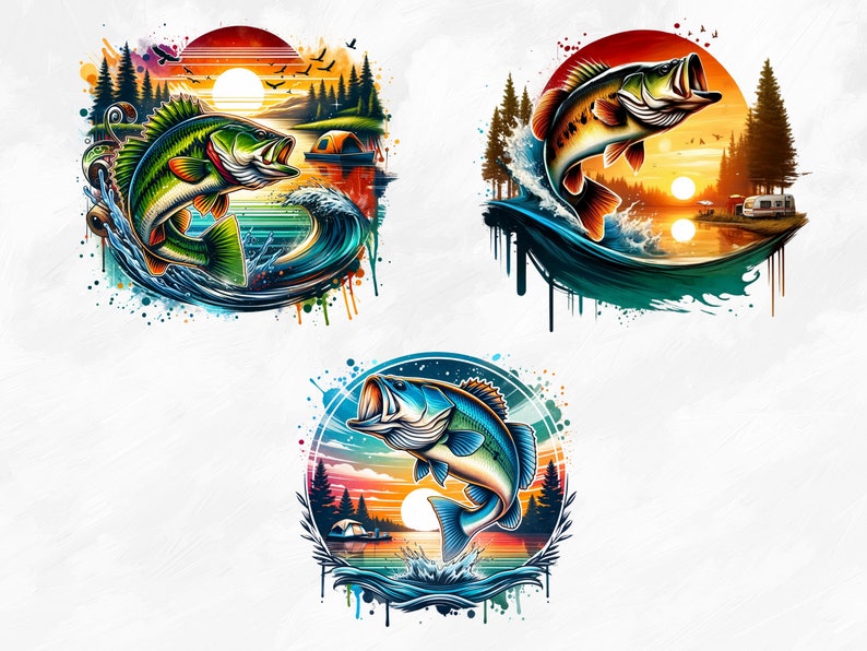 May include: Three watercolor illustrations of a bass fish jumping out of the water. Each illustration features a sunset, trees, and a campsite. The fish are depicted in vibrant colors, with splashes of paint around them.