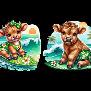 Watercolor Surfing Highland Cows Collection Clipart, 12 PNG Beach ...
