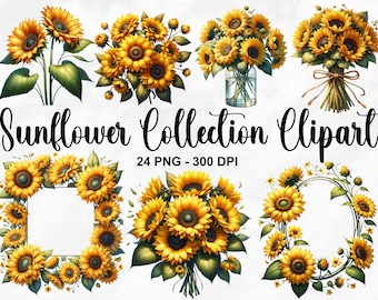Watercolor Sunflower Collection Clipart, 24 PNG Sunflowers Clipart, Spring Flowers Clipart, Floral Bouquet, Sunflower PNG, Commercial Use