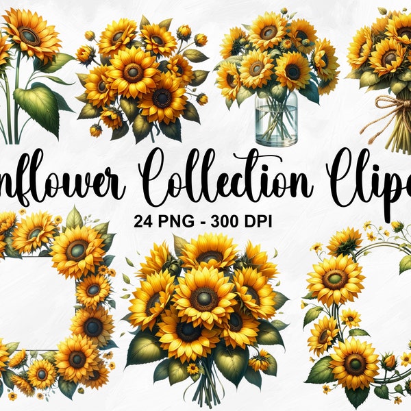 Watercolor Sunflower Collection Clipart, 24 PNG Sunflowers Clipart, Spring Flowers Clipart, Floral Bouquet, Sunflower PNG, Commercial Use