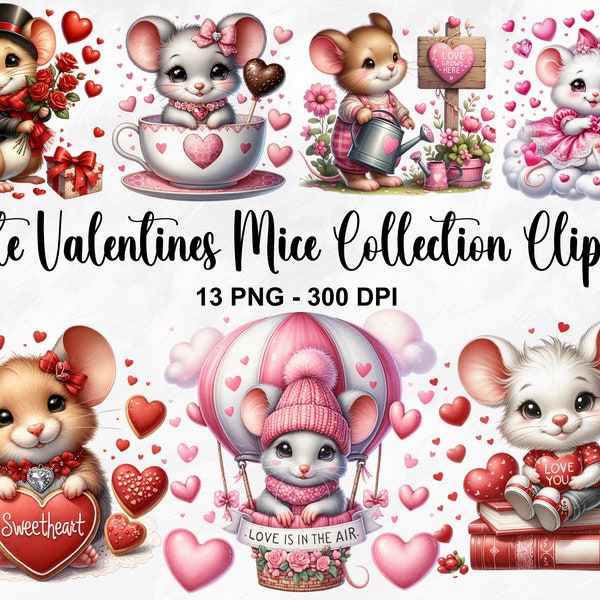 Watercolor Cute Valentines Mice Collection Clipart, 13 PNG Valentines Day Clipart, Adorable Rodents Clipart, Cute Mice PNG, Commercial Use