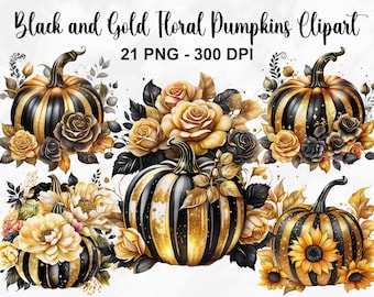 Aquarell Schwarz und Gold Floral Kürbisse Clipart, 21 PNG Kürbis Bouquets Clipart, Herbst Aquarell, Fantasy Kürbis, kommerzielle Nutzung