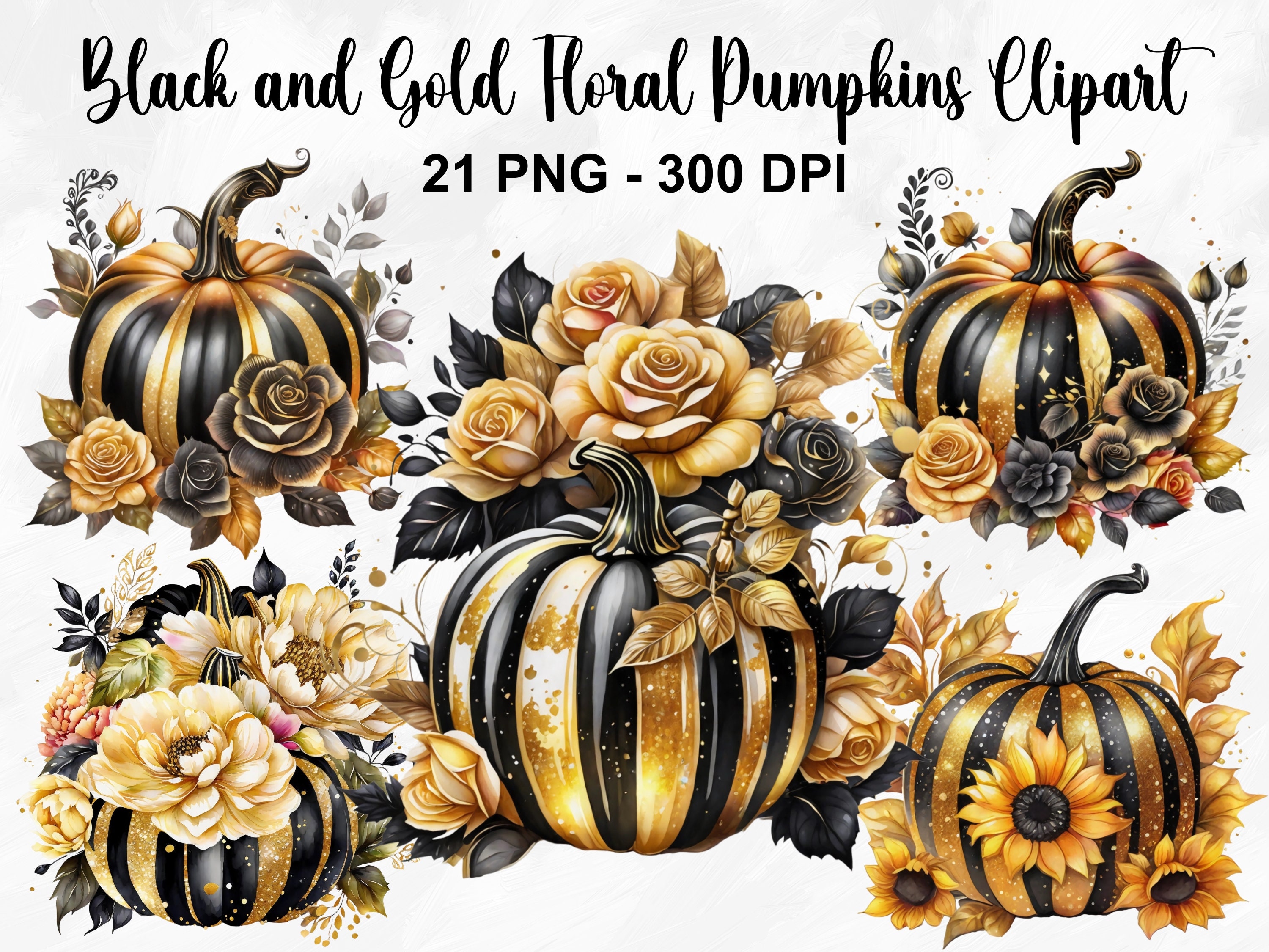 Watercolor Black and Gold Floral Pumpkins Clipart, 21 PNG Pumpkin ...