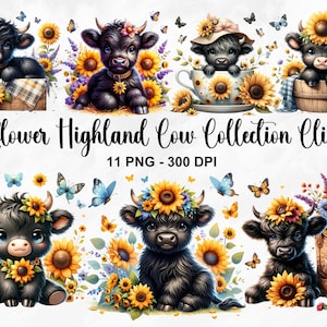 水彩ひまわりハイランド牛コレクション クリップアート、11 PNG 夏の花のクリップアート、赤ちゃん動物、赤ちゃん牛のクリップアート バンドル、商用利用