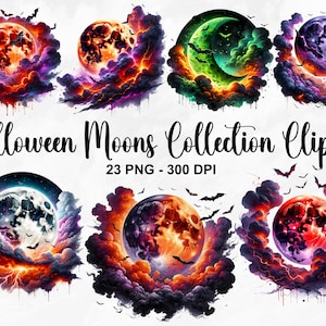 Watercolor Halloween Moons Collection Clipart, 23 PNG Halloween Clipart, Spooky Full Moon Clipart, Halloween Moon Bundle, Commercial Use