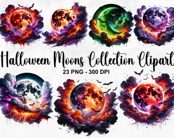 Watercolor Halloween Moons Collection Clipart, 23 PNG Halloween Clipart, Spooky Full Moon Clipart, Halloween Moon Bundle, Commercial Use