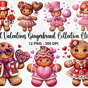 Watercolor Sweet Valentines Gingerbread Collection Clipart, 12 PNG Valentines Day Clipart, Valentines Day Bundle, Cookie PNG, Commercial Use