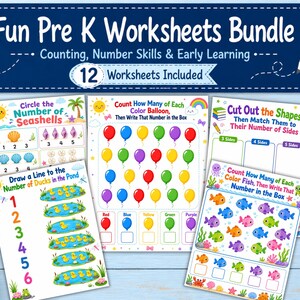 May include: A digital bundle of 12 educational Pre-K worksheets featuring colorful illustrations of seashells, balloons, shapes, ducks, and fish. The header text reads Fun Pre K Worksheets Bundle, Counting, Number Skills & Early Learning.