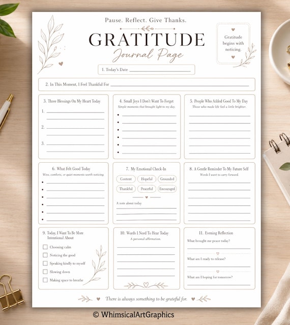 Gratitude Journal Page Printable, Daily Reflection Worksheet, Self Care Planner, Mindfulness PDF, Thankful Journal, Digital Download