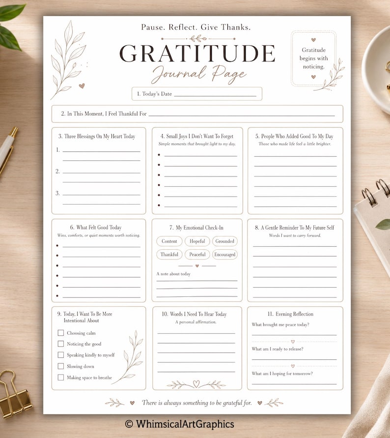 May include: A white gratitude journal page with black text and botanical line art. The layout includes sections for daily reflections, blessings, emotional check-ins, and affirmations, titled "Pause. Reflect. Give Thanks." and "GRATITUDE Journal Page."