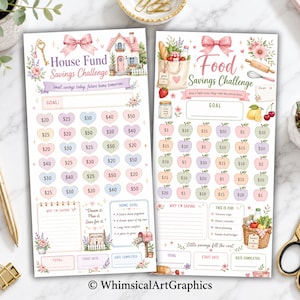 May include: Two rectangular savings challenge trackers with pastel illustrations. The left sheet features a house, key, and heart-shaped bubbles with dollar amounts. The right sheet displays food items and apple-shaped bubbles with dollar amounts.