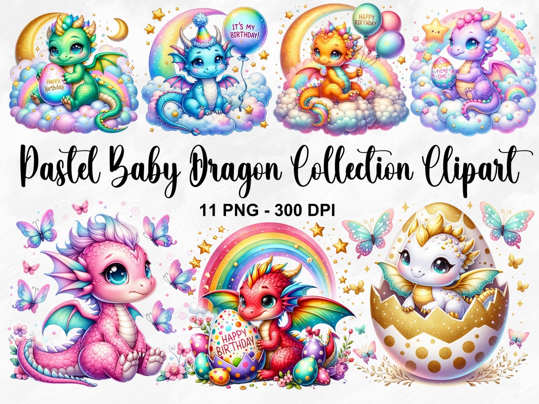 Watercolor Pastel Baby Dragon Collection Clipart, 11 PNG Cute Dragon ...