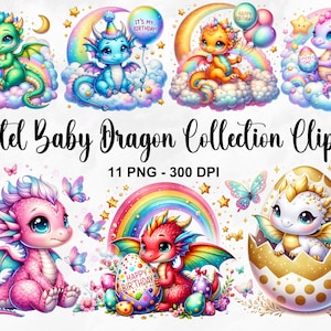 Aquarel Pastel Baby Dragon Collection Clipart, 11 PNG Cute Dragon Clipart, Kawaii Dragon Fantasy Clipart, Verjaardag Dragon, Commercieel Gebruik