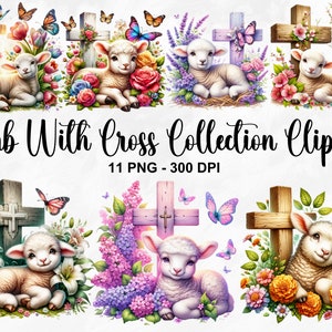 Aquarell Lamm mit Kreuz Sammlung Clipart, 11 PNG Blume Kruzifix Clipart, Blumenkreuz Clipart, süßes Lamm Clipart, kommerzielle Nutzung