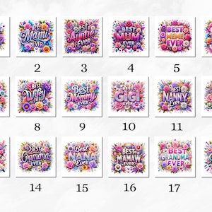 May include: A set of 18 colorful digital designs featuring floral arrangements and text that says "Best" followed by a title like "Mom", "Mimi", "Nana", "Wifey", and more. The designs are perfect for creating personalized gifts, cards, and crafts.
