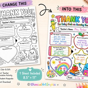 May include: A printable teacher appreciation activity sheet with the text "THANK YOU!" and space for personalization. The sheet is 8.5 x 11 inches and includes areas for student input and a drawing. The design features colorful illustrations.