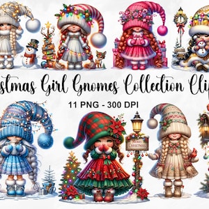 Acuarela Navidad Niña Gnomos Colección Clipart, 11 PNG Navidad Clipart, Navidad Gnome Clipart, Paquete de Gnomo Festivo, Uso Comercial