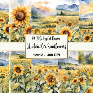 Watercolor Sunflowers Digital Paper, Sunflower Paper Pack, Mountain Sunflower Field Scrapbooking Pages, Printable Sunflower Scrapbook Paper