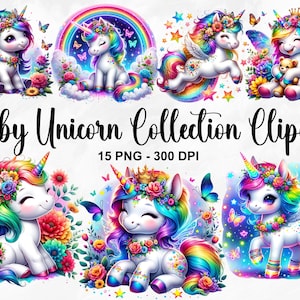 Acuarela bebé unicornio colección clipart, 15 PNG unicornio clipart, arco iris unicornio clipart, bebé unicornio PNG, unicornio mágico, uso comercial