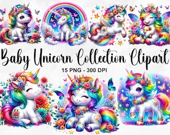 Collezione di Clipart di unicorni per bambini ad acquerello, 15 clipart di unicorni PNG, clipart di unicorni arcobaleno, clipart di unicorni per bambini PNG, unicorno magico, uso commerciale