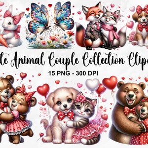 Acuarela lindo animal pareja clipart, 15 PNG San Valentín día clipart, pareja de animales románticos, pareja de animales, lindo oso de peluche, uso comercial
