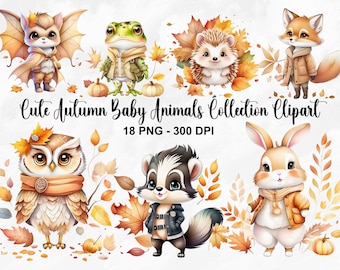 May include: A collection of 18 cute baby animals dressed in autumn-themed clothing. The animals include a fox, owl, hedgehog, frog, bunny, and skunk. The animals are surrounded by fall leaves and pumpkins.