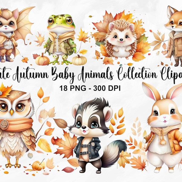 Watercolor Cute Autumn Baby Animals Collection Clipart, 18 PNG Cute Fall Animal Clipart, Autumn Clipart, Woodland Animal PNG, Commercial Use