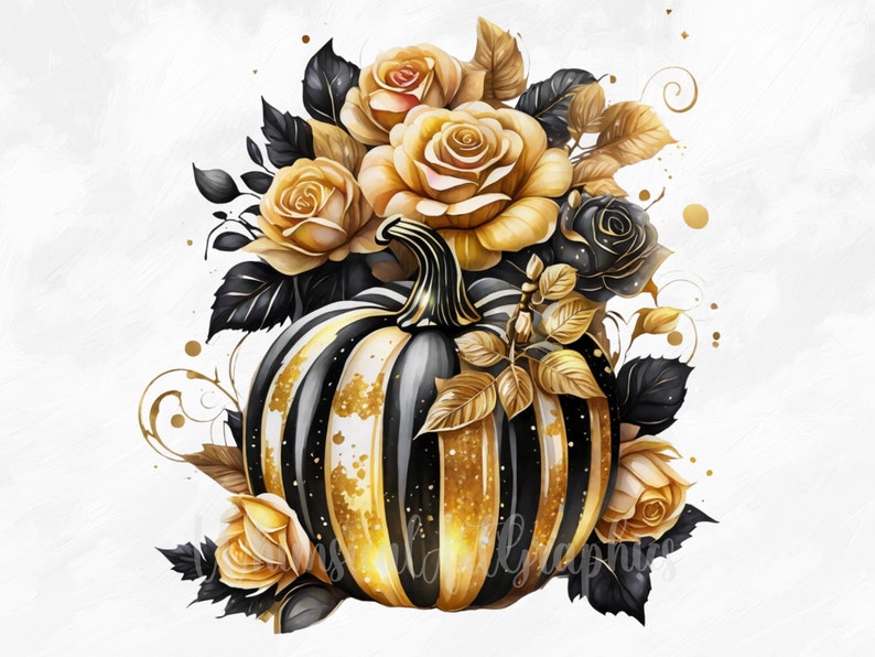 Watercolor Black and Gold Floral Pumpkins Clipart, 21 PNG Pumpkin ...