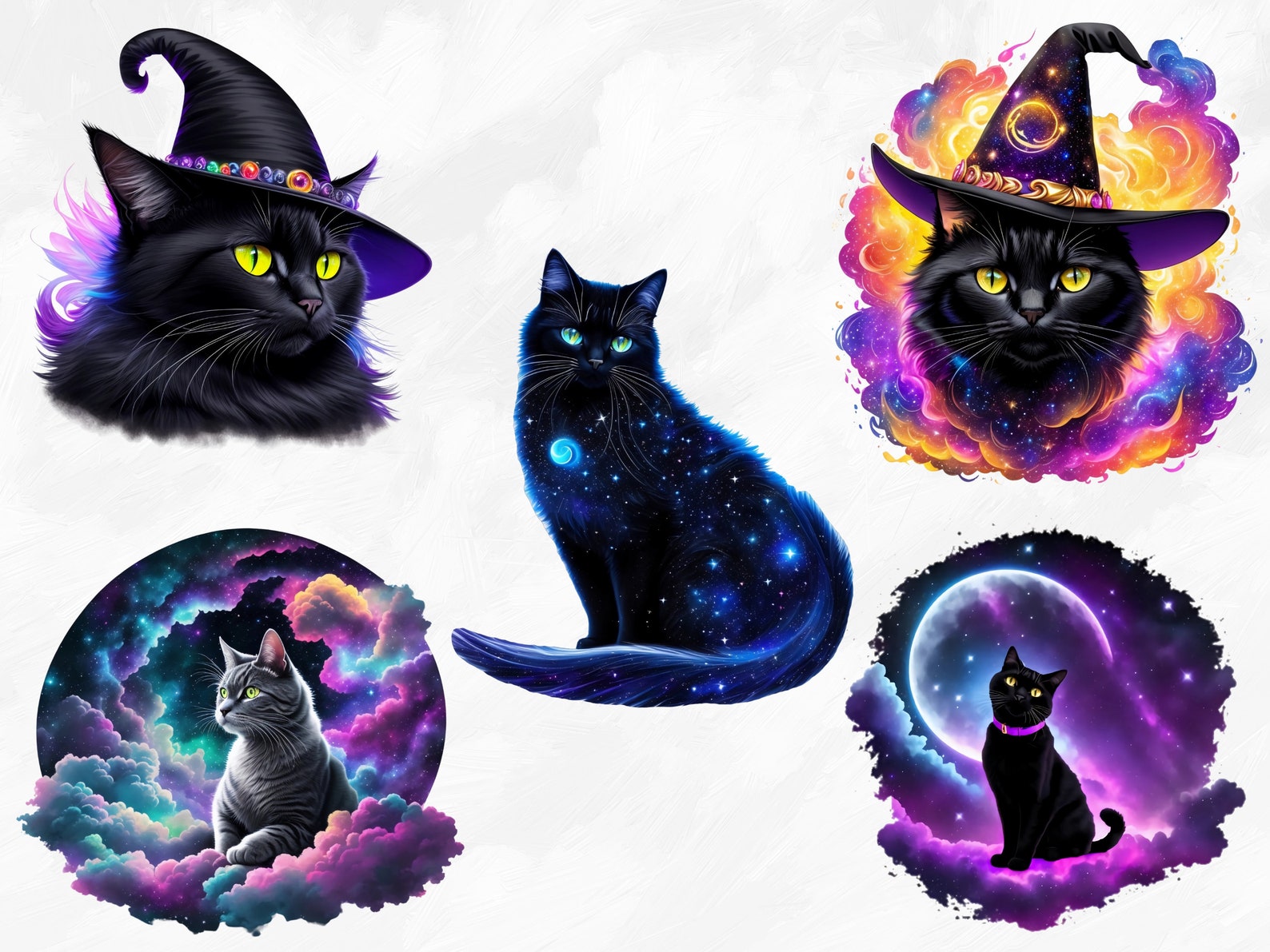 Watercolor Celestial Witchy Cats Clipart, 19 PNG Celestial Black Cat ...