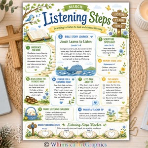 May include: A March Listening Steps educational poster featuring the title Listening Steps, Learning to listen to God and choose His way, and ten numbered sections including Bible stories, scripture, prayers, and a weekly obedience path tracker.