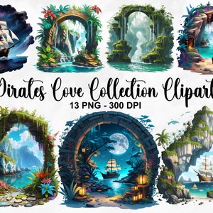 Acuarela Pirates Cove Collection Clipart, 13 PNG Pirate Clipart, Océano Náutico PNG, Entrada a Cave Bay, Paquete Pirate Cove, Uso Comercial