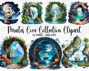 Watercolor Pirates Cove Collection Clipart, 13 PNG Pirate Clipart, Nautical Ocean PNG, Cave Bay Entrance, Pirate Cove Bundle, Commercial Use
