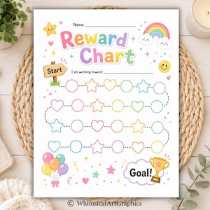 May include: A printable reward chart featuring the text Reward Chart, Start, and Goal. The design includes pastel-colored hearts, stars, and circles arranged in a path, decorated with a rainbow, balloons, a trophy, and a smiling star.